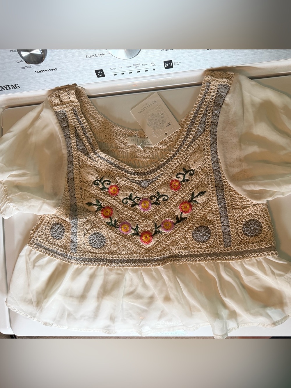 Rebellion Cream Crochet Bodice Dress with Pink and Yellow Floral Embroidery